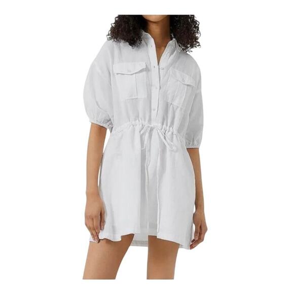 French Connection Summer White Linen Blend Mini Shirt Dress Size M - Picture 1 of 12
